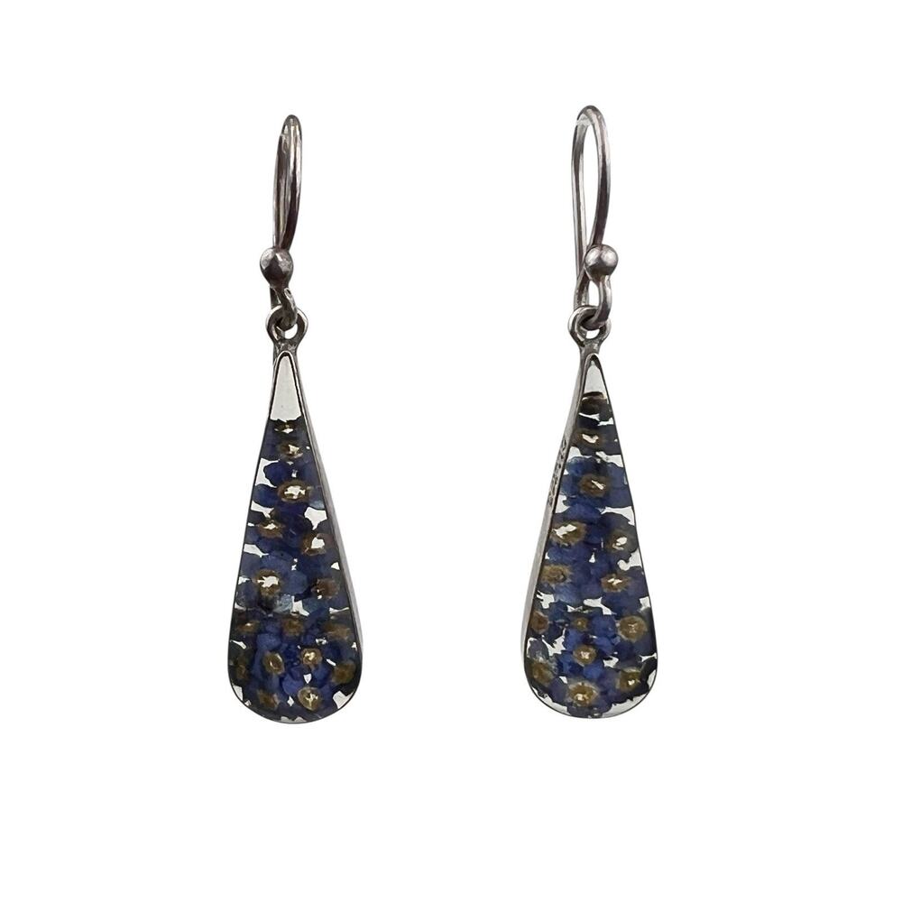ATI Sterling Silver Pierced Hook Earrings Resin Blue Flowers